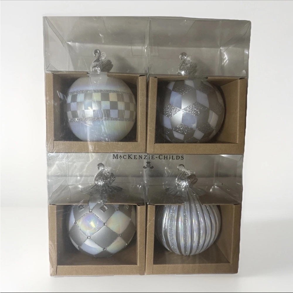 MacKenzie-Childs Set 4 Crystal Palace Swan Glass Ball Ornaments Christmas New